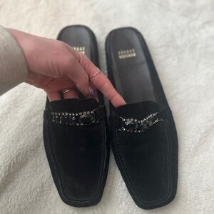 Stuart weitzman bedrock black suede mules